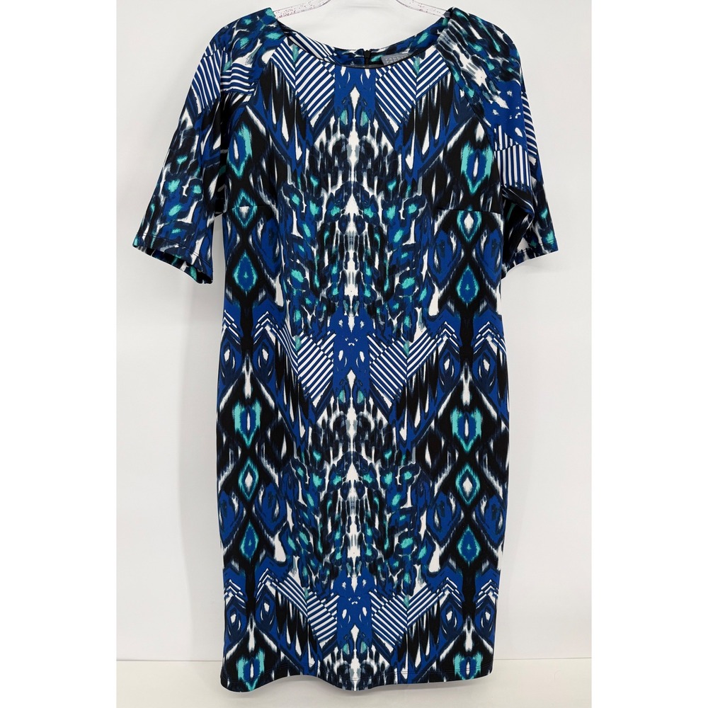 Rabbit Rabbit Rabbit Designs Blue Ikat Geometric Sheath Dress Sz 14